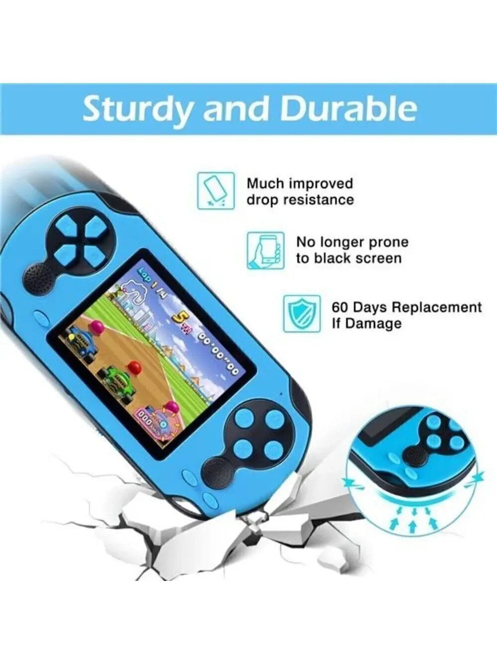 16 Bit Handheld 230 Games Console System Kids Adults, 3.0'' Large Screen HD BLUE